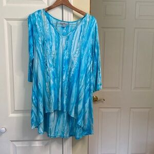 WindiRiver, Small, Aqua and White, Tunic stretch high low, Slits on sleeves